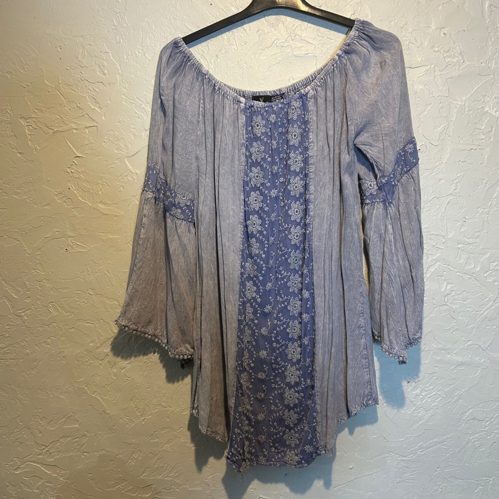Venice Blue Boho Embroidered Bell Sleeve Tunic Top Plus Size XXL‎